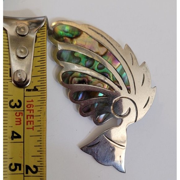 Vintage Taxco Aztec Feather Figural Abalone Brooch Pin 925 Sterling Silver 2" - Picture 5 of 8